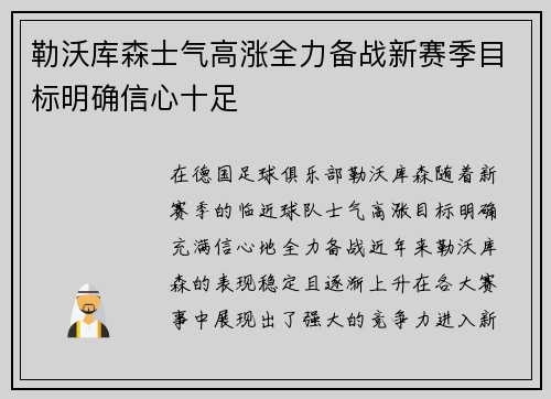 勒沃库森士气高涨全力备战新赛季目标明确信心十足