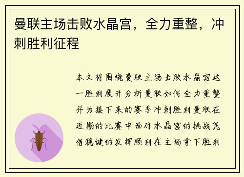 曼联主场击败水晶宫，全力重整，冲刺胜利征程