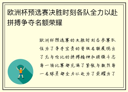 欧洲杯预选赛决胜时刻各队全力以赴拼搏争夺名额荣耀