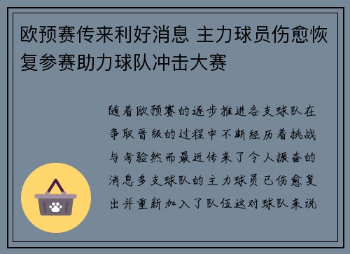 欧预赛传来利好消息 主力球员伤愈恢复参赛助力球队冲击大赛