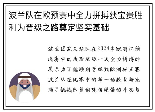 波兰队在欧预赛中全力拼搏获宝贵胜利为晋级之路奠定坚实基础