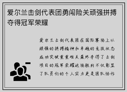 爱尔兰击剑代表团勇闯险关顽强拼搏夺得冠军荣耀